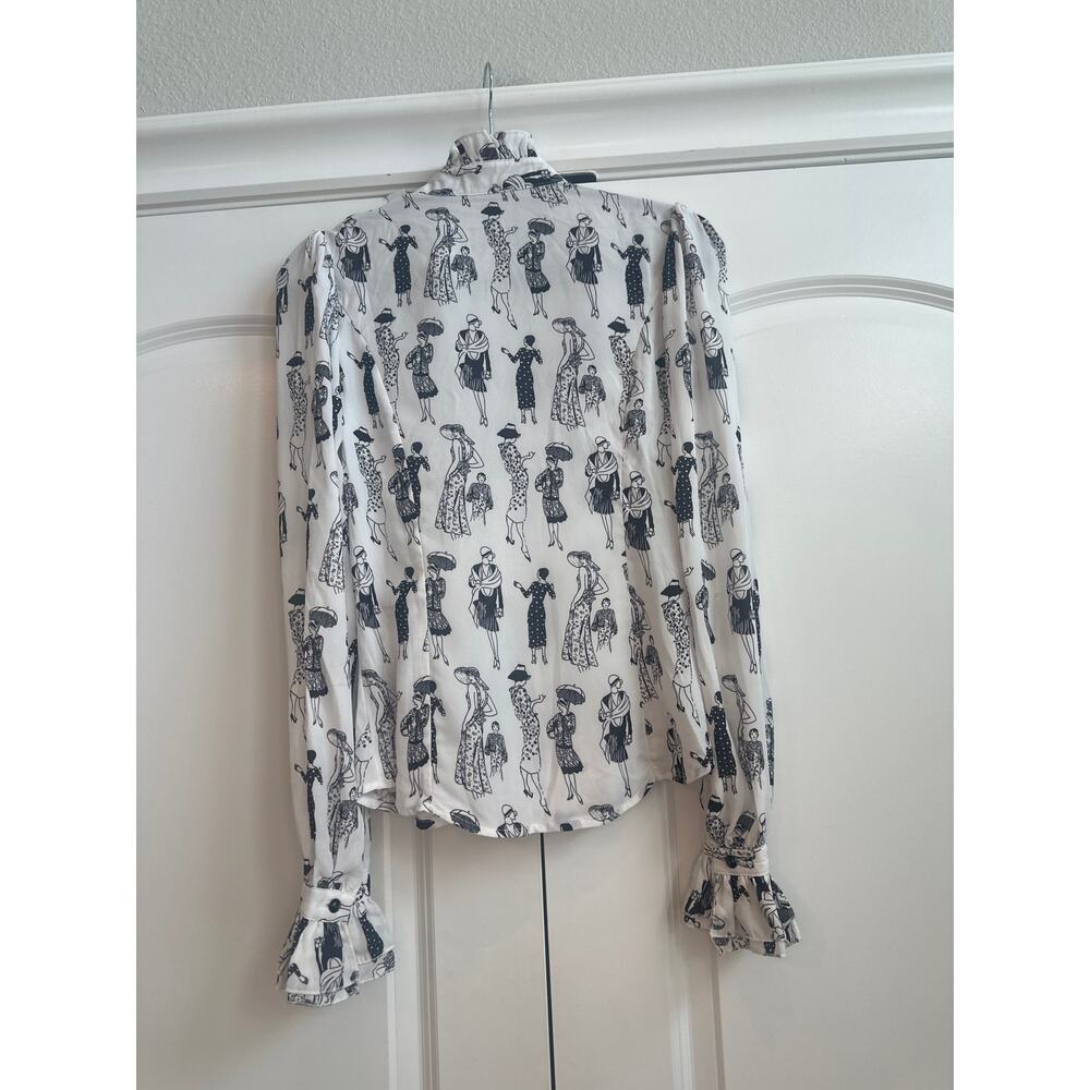 Blingdor White Chiffon Button up Ruffle Blouse with Outlined Women Novelty Print - Picture 9 of 10